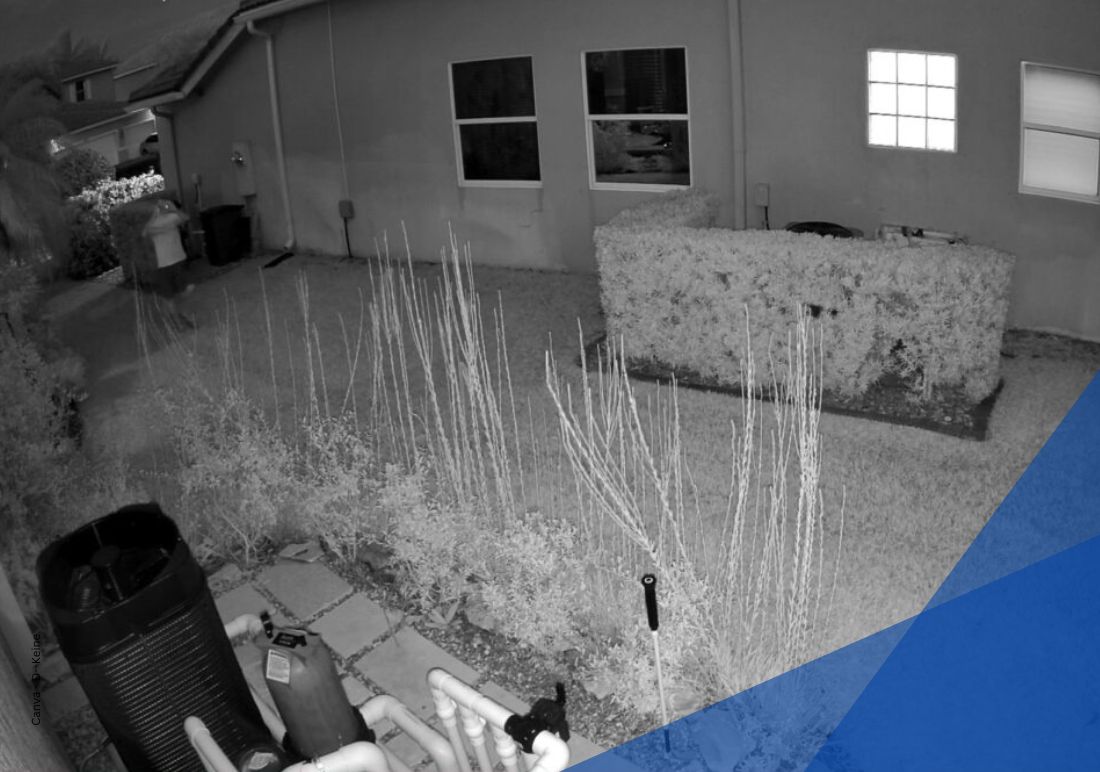 Nachtsichtbild einer Alarmanlage mit Bewegungsmelder von einem Garten